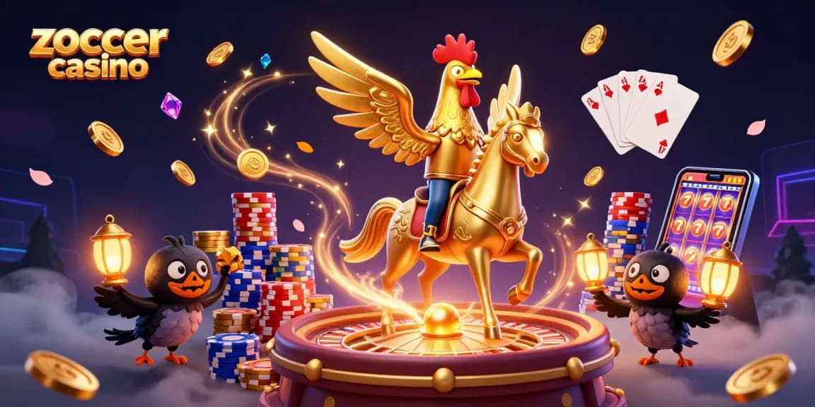 Experience the thrill of zoccer casino with golden rooster and friends celebrating winnings in a vibrant casino scene.