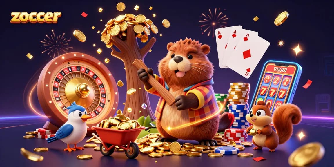 Zoccer casino scene featuring a beaver cutting a tree for gold coins, enhanced with sparkling gems and casino elements.