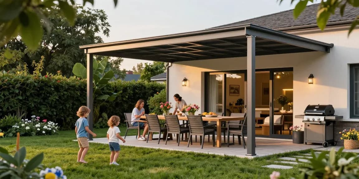 Moderne Terrassenüberdachung im Garten, perfekte Schattenlösung für Familie.