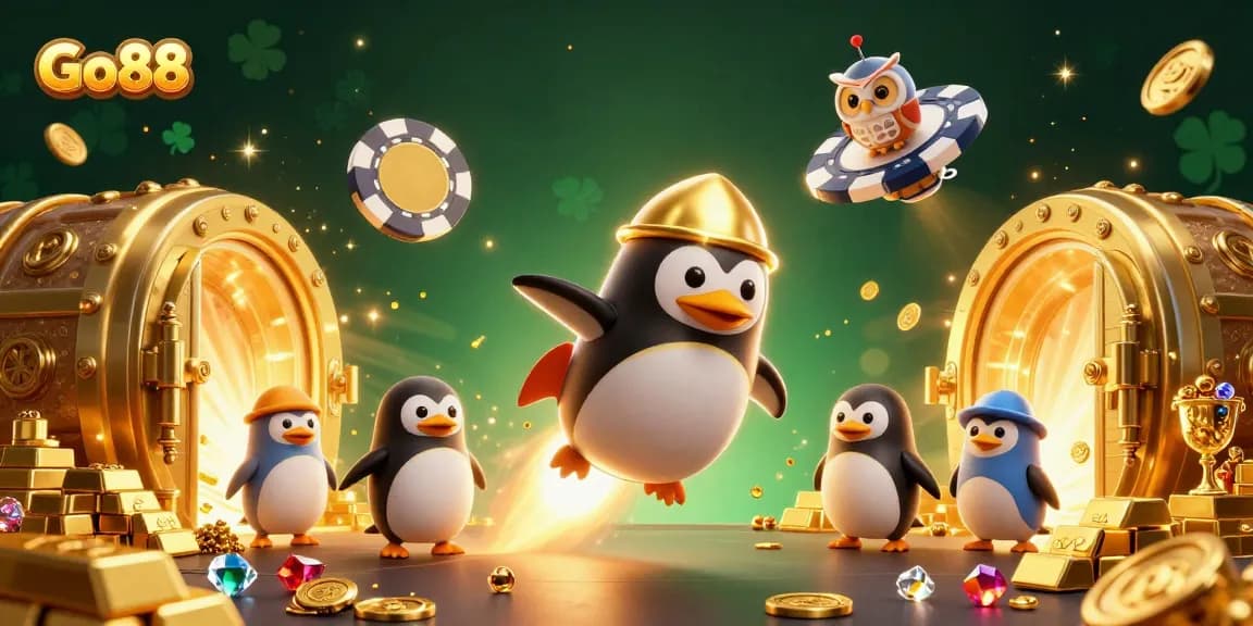 Experience the excitement of Go88 as a golden penguin launches into a casino adventure.