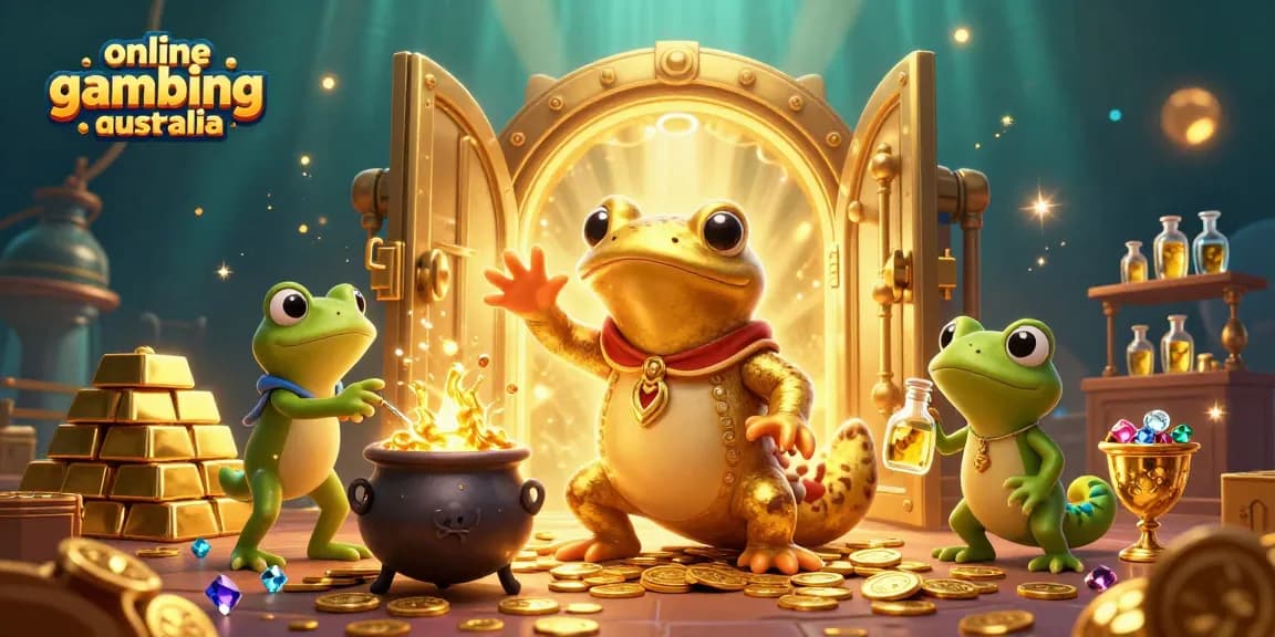 Engage with online gambling Australia featuring whimsical alchemist character and treasure elements.