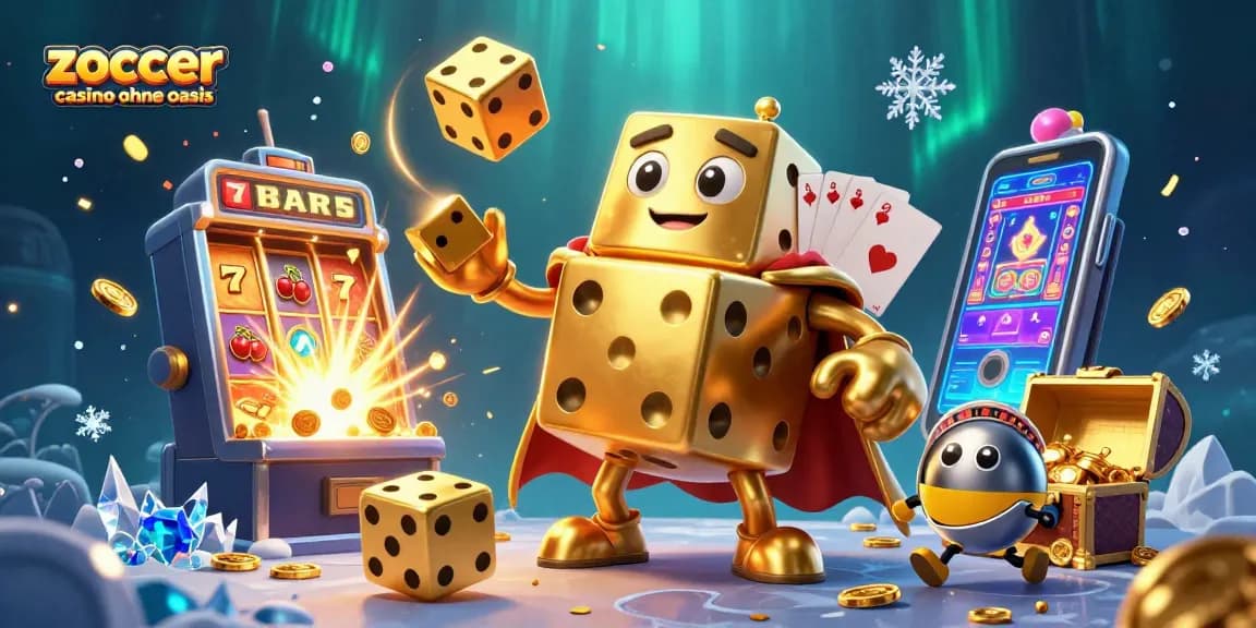 Erlebe das Zoccer Casino ohne OASIS, wo goldene Würfel und Spielautomaten in einer fantastischen 3D-Welt explodieren.