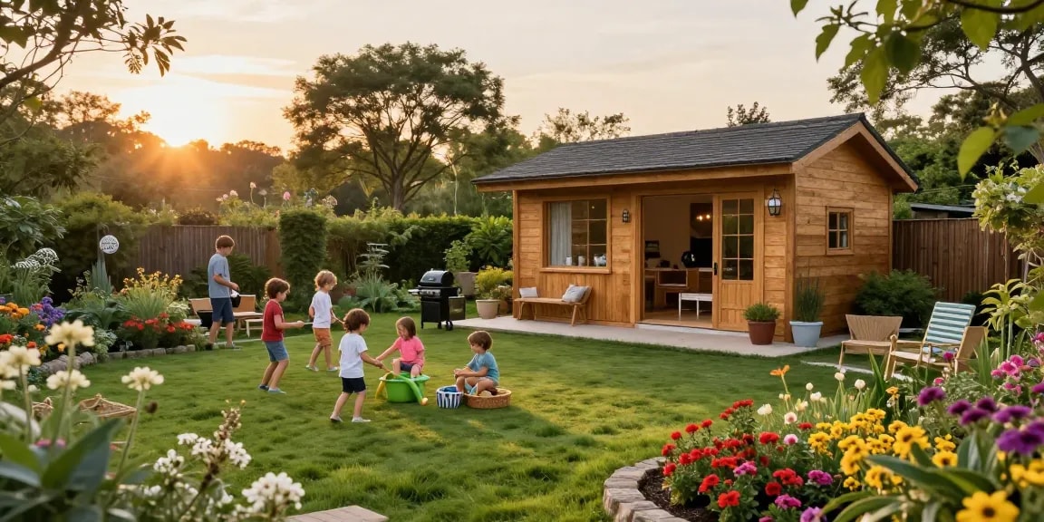Das Gartenhaus von McGarden24 im malerischen Garten, umgeben von Blumen und Familienaktivitäten.
