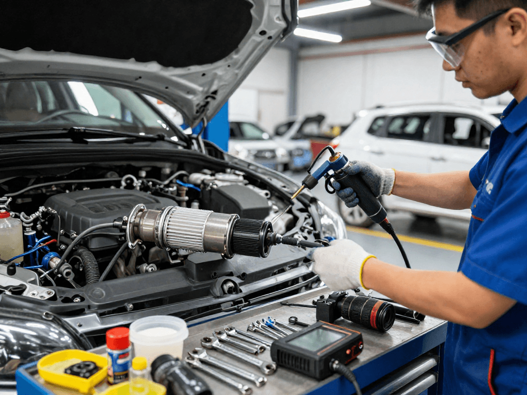 DPF Reinigung Hannover: Mechaniker reinigt den Dieselpartikelfilter in einer modernen Werkstatt