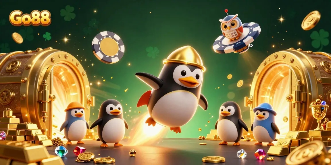 Experience the excitement of Go88 as a golden penguin launches into a casino adventure.