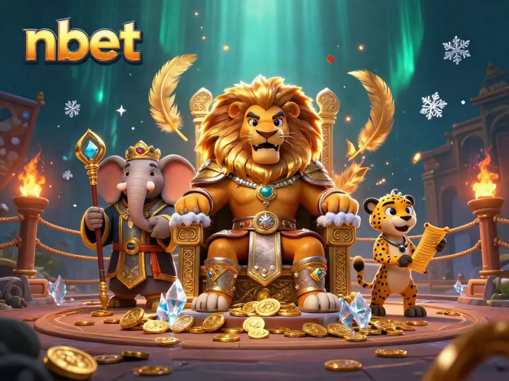 Experience the excitement of nbet with a lion king, elephant advisor, and cheetah messenger in a vibrant casino scene.