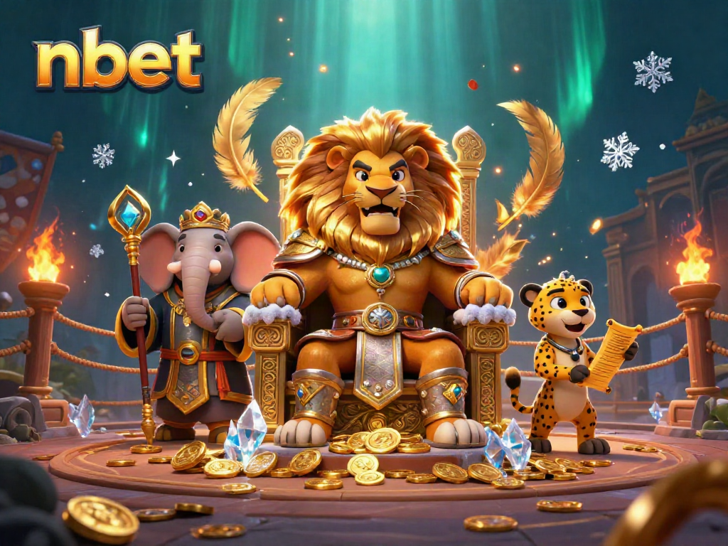 Experience the excitement of nbet with a lion king, elephant advisor, and cheetah messenger in a vibrant casino scene.