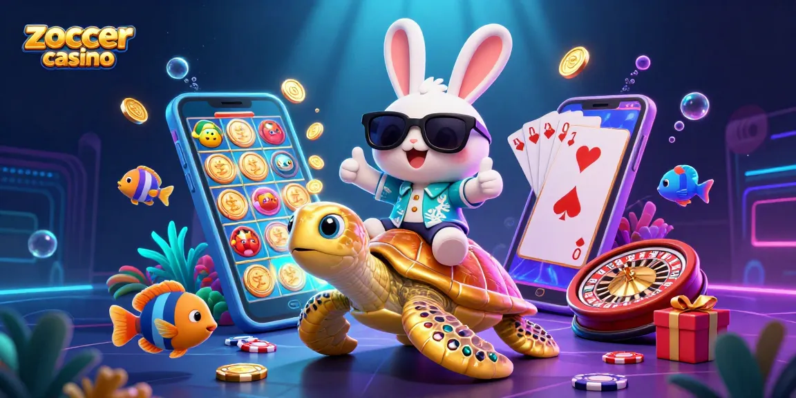 Zoccer casino's vibrant illustration features a lucky rabbit and a golden turtle amidst casino elements.