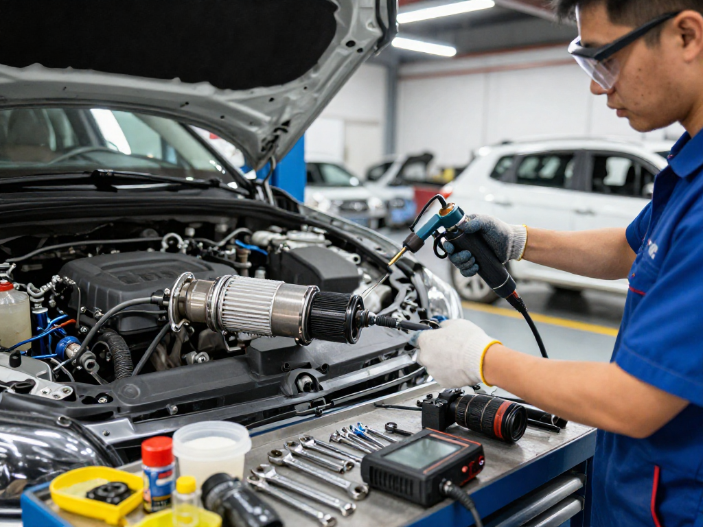DPF Reinigung Hannover: Mechaniker reinigt den Dieselpartikelfilter in einer modernen Werkstatt