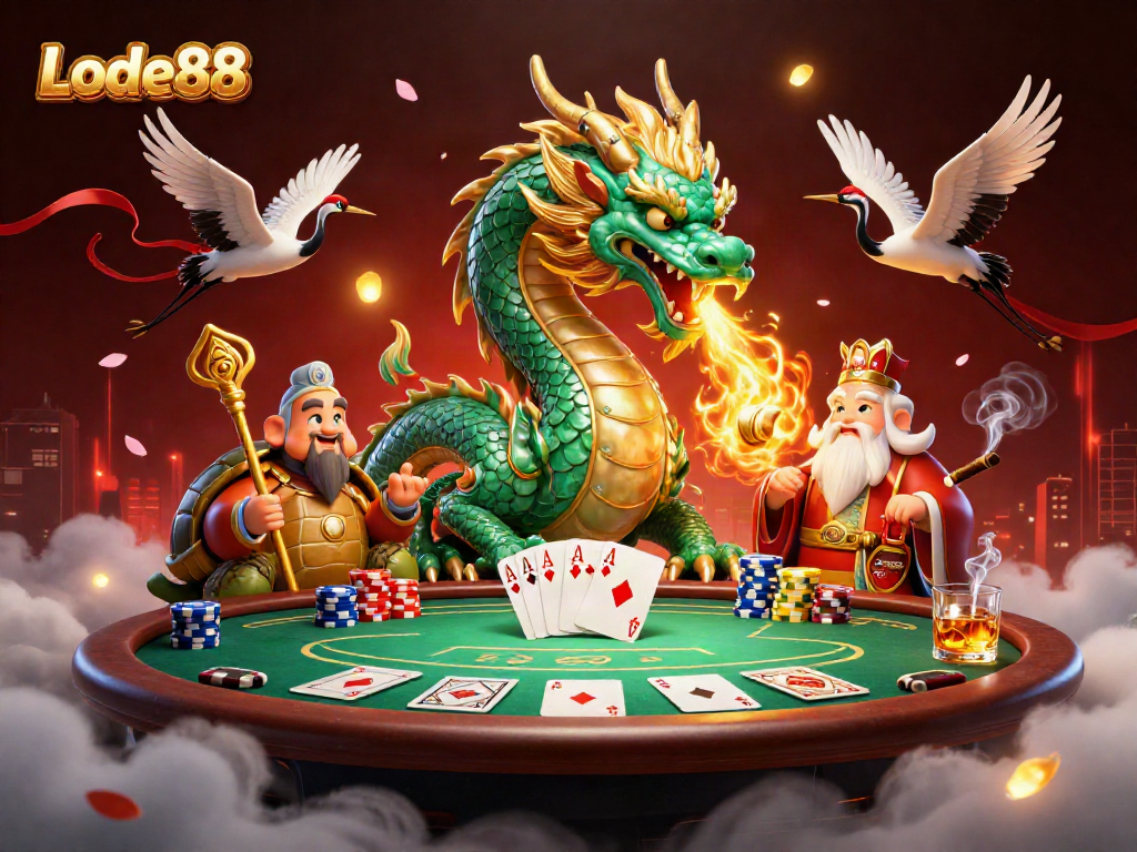 Experience the magic of Lode88 with a vibrant scene featuring a jade dragon, turtle sage, and lucky cranes amidst a poker game.