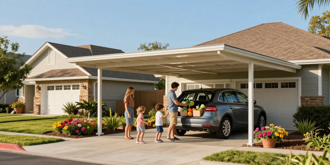 Moderne Carport-Lösung schützt das Auto und bietet Platz für Aktivitäten in der Umgebung.
