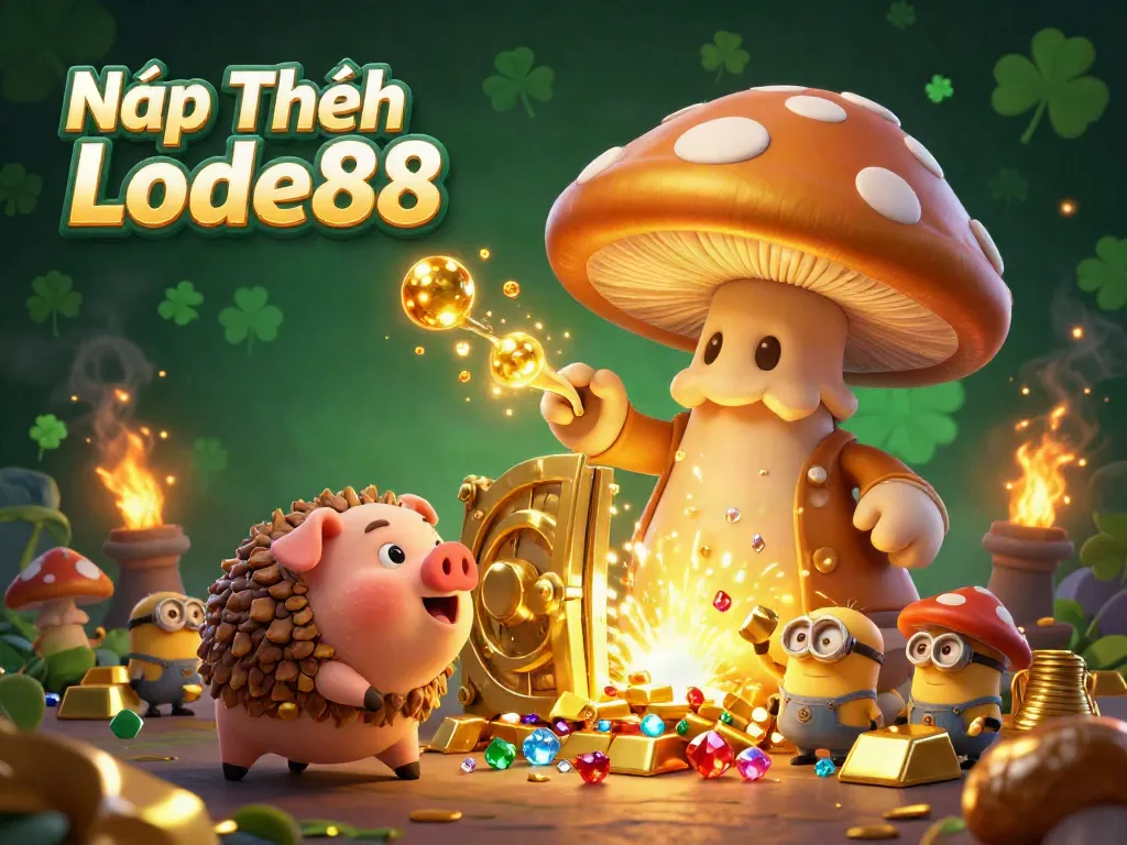 Nạp Tiền Lode88 showcases a golden mushroom wizard, treasure, and gems in an enchanted casino scene.