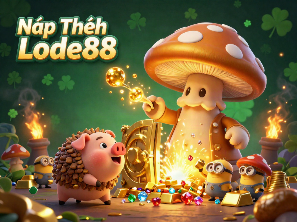 Nạp Tiền Lode88 showcases a golden mushroom wizard, treasure, and gems in an enchanted casino scene.