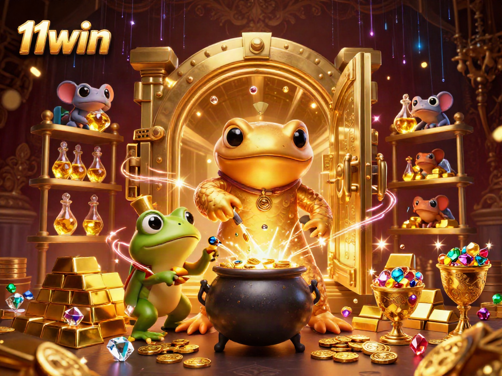 Experience thrilling wins with 11win's elaborate casino scene featuring golden treasures and magical elements.