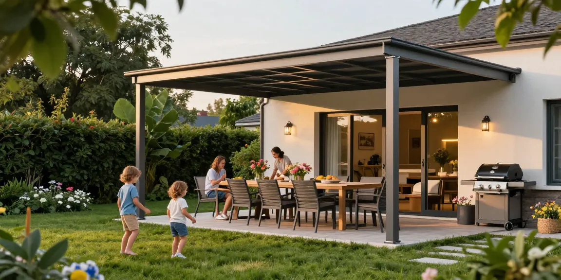 Moderne Terrassenüberdachung im Garten, perfekte Schattenlösung für Familie.