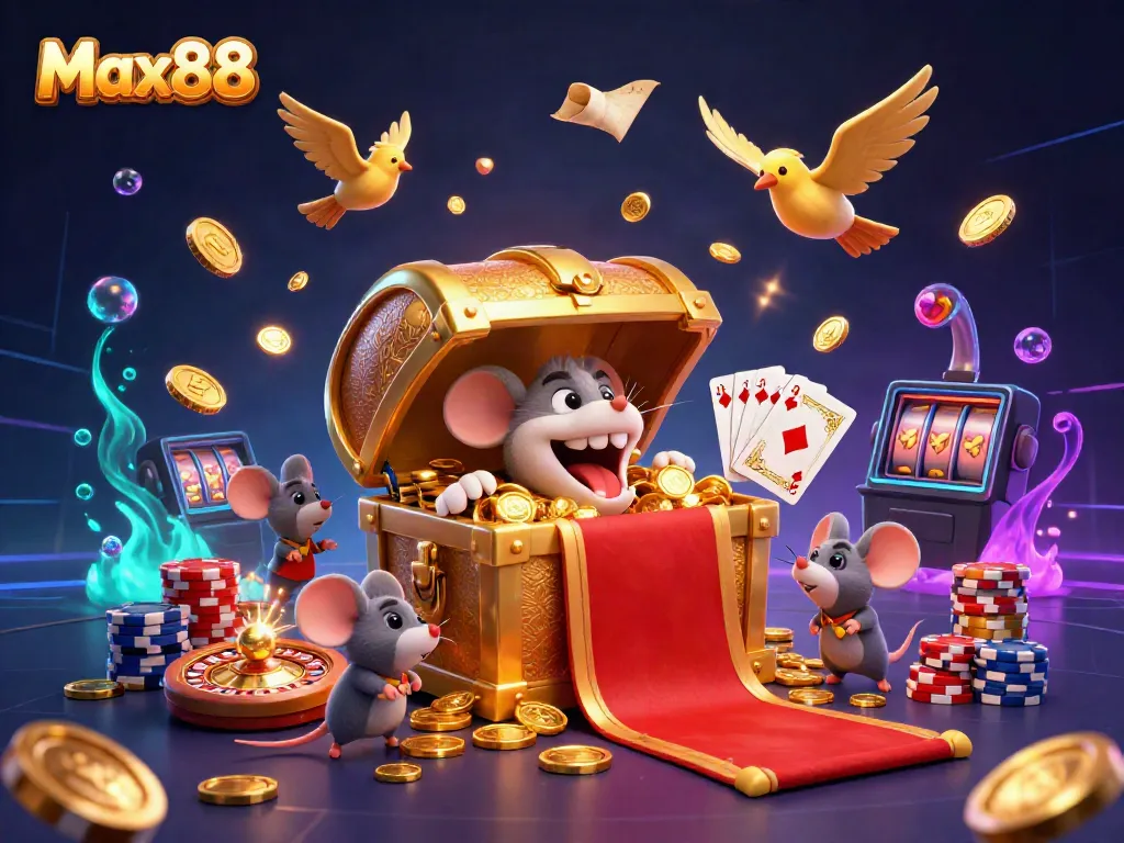 Engage in thrilling casino adventures with Max88's vibrant online gaming atmosphere, showcasing treasure chests, golden coins, and games.