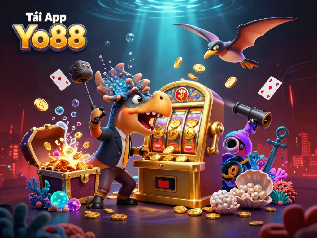 Catch a jackpot with Tải App Yo88 in an exciting casino scene with animated dinosaurs and gold coins!