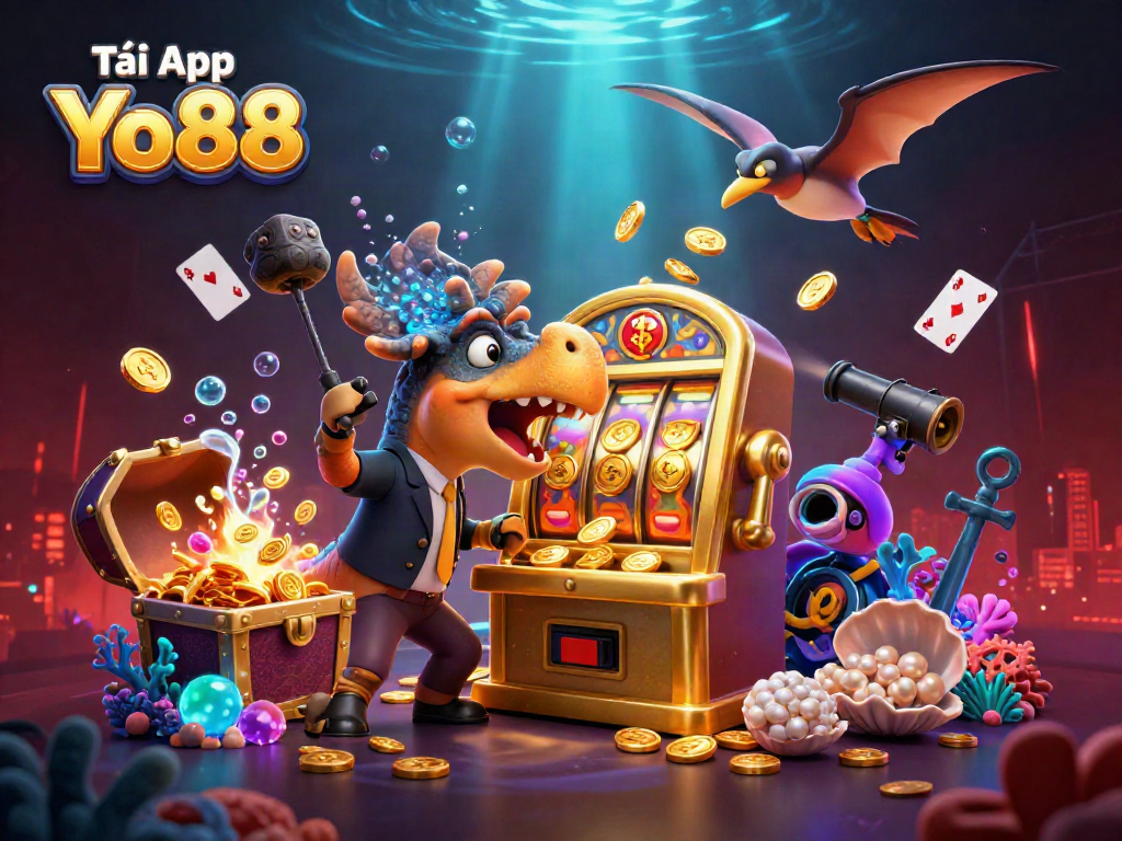 Catch a jackpot with Tải App Yo88 in an exciting casino scene with animated dinosaurs and gold coins!