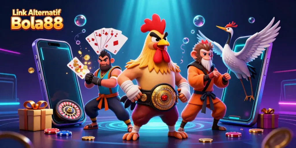 Experience the vibrant action of Link Alternatif Bola88 as a Muay Thai rooster and Shaolin monkey engage in a dynamic gambling scene.