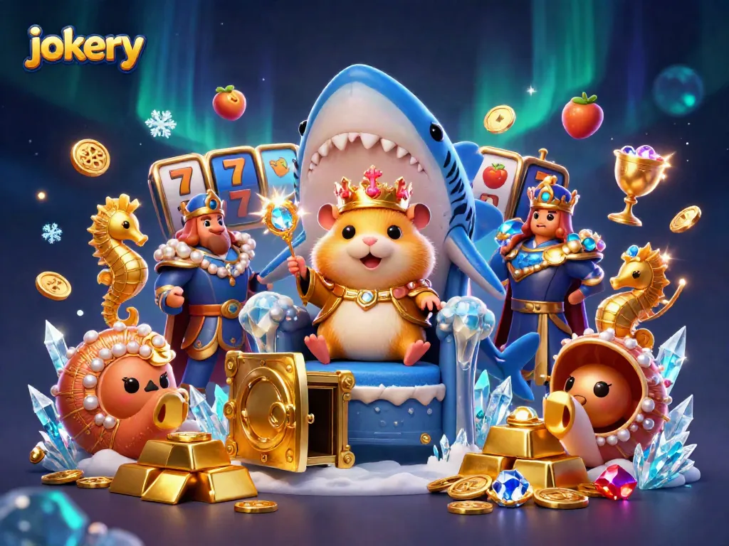 Experience jokery thrills with a golden hamster king amidst vibrant casino symbols and treasures.