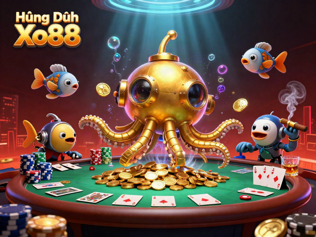 Experience thrilling moments with Hướng Dẫn Xo88, where golden kraken submarines and poker elements abound in a vibrant scene.