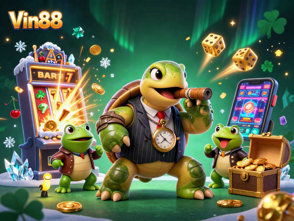 Experience exciting prizes while playing slots at Vin88 with dynamic characters and vibrant casino scene.