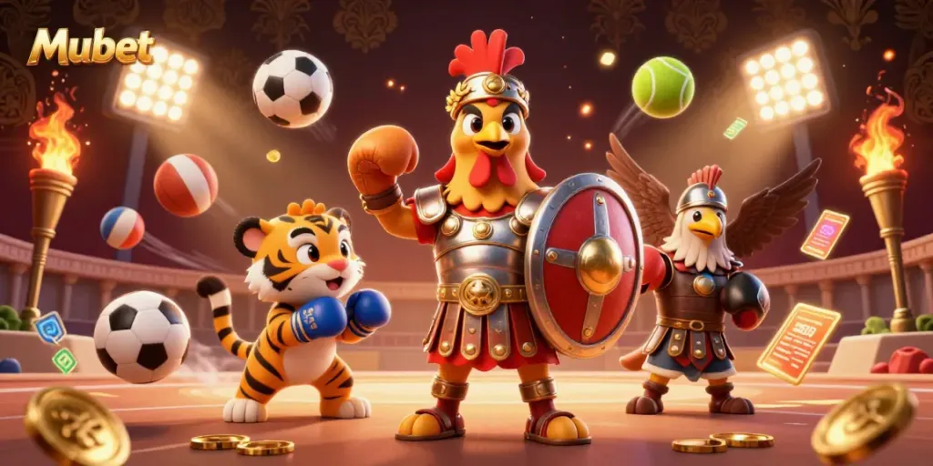 Mubet offers exciting sports betting opportunities with a captivating 3D illustration showcasing dynamic characters and engaging gaming elements.