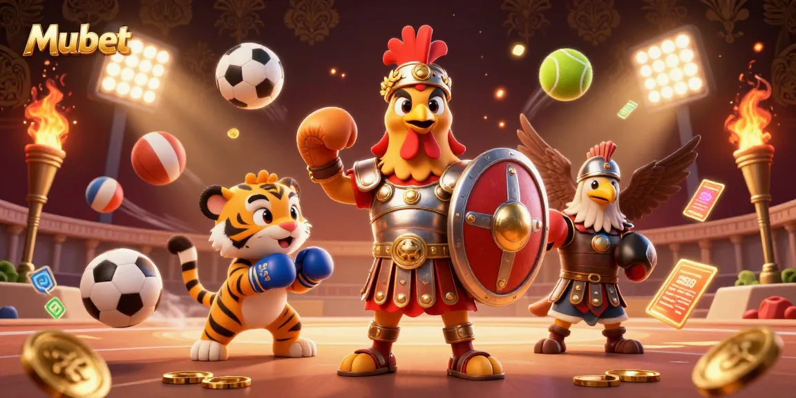 Mubet offers exciting sports betting opportunities with a captivating 3D illustration showcasing dynamic characters and engaging gaming elements.