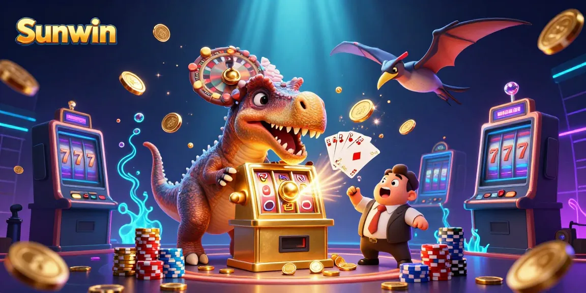 Experience the excitement of Sunwin as a cartoon pachycephalosaurus wins jackpots at a dynamic casino scene.
