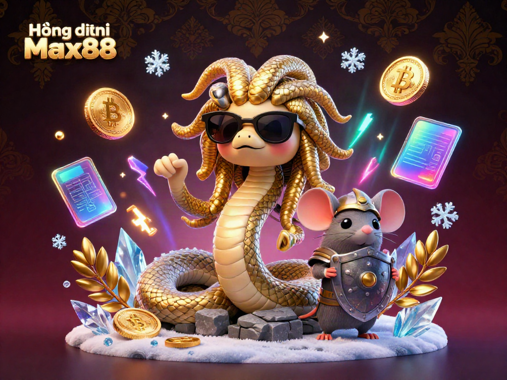 Engage with Hướng dẫn Max88 in a vibrant 3D casino scene featuring Medusa and warrior mouse.
