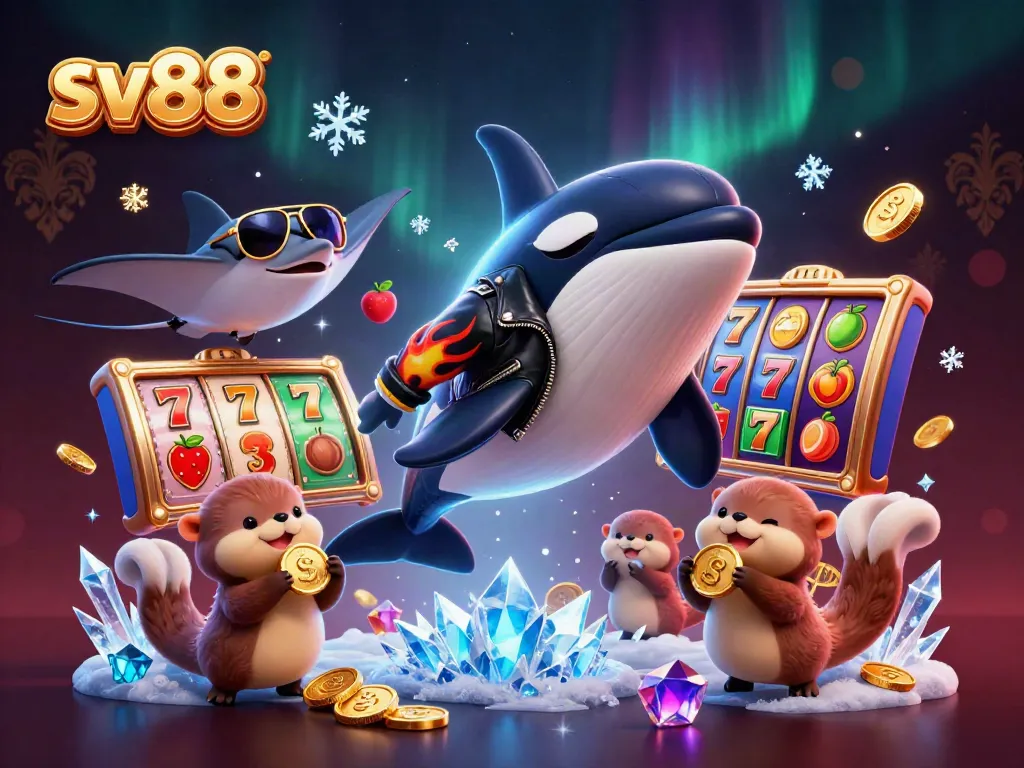 Experience sv88's vibrant casino world with a 3D whale, stingray, and otters amidst joyful slot machines.