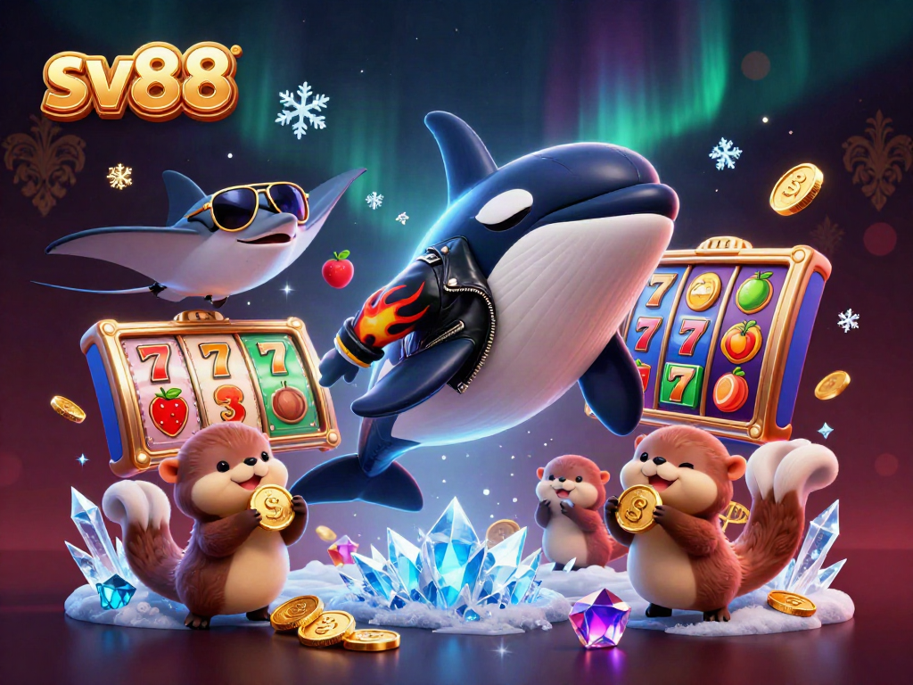 Experience sv88's vibrant casino world with a 3D whale, stingray, and otters amidst joyful slot machines.