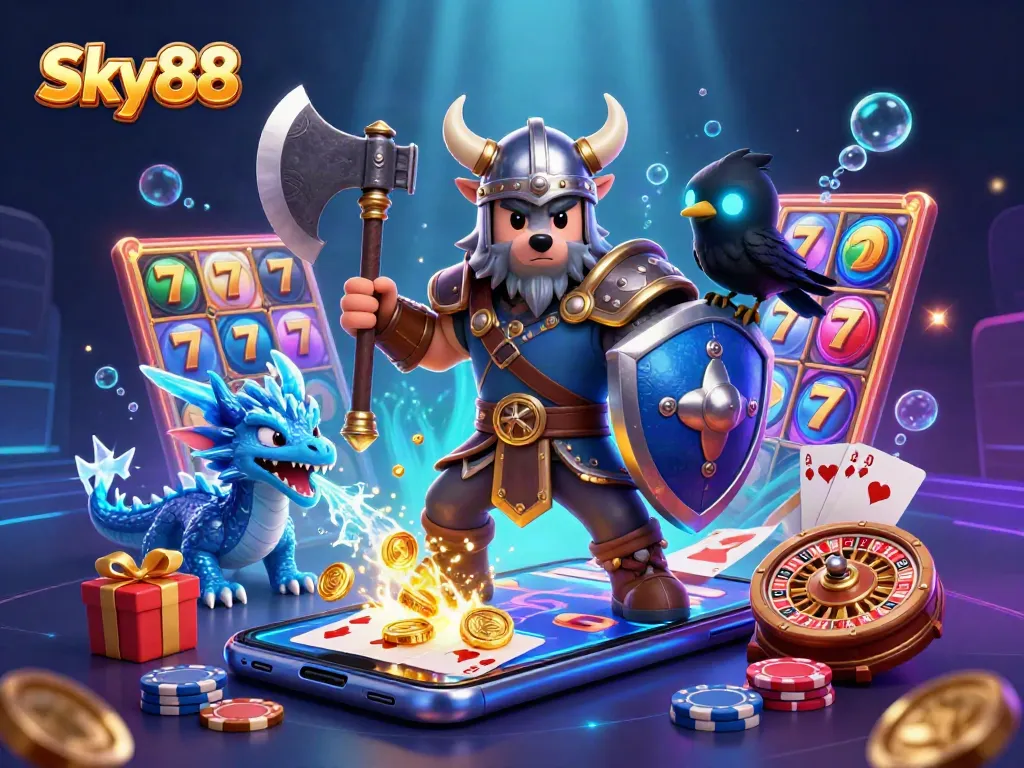 Sky88 slot game illustration featuring a Viking wolf warrior, dragon, and vibrant gaming elements.