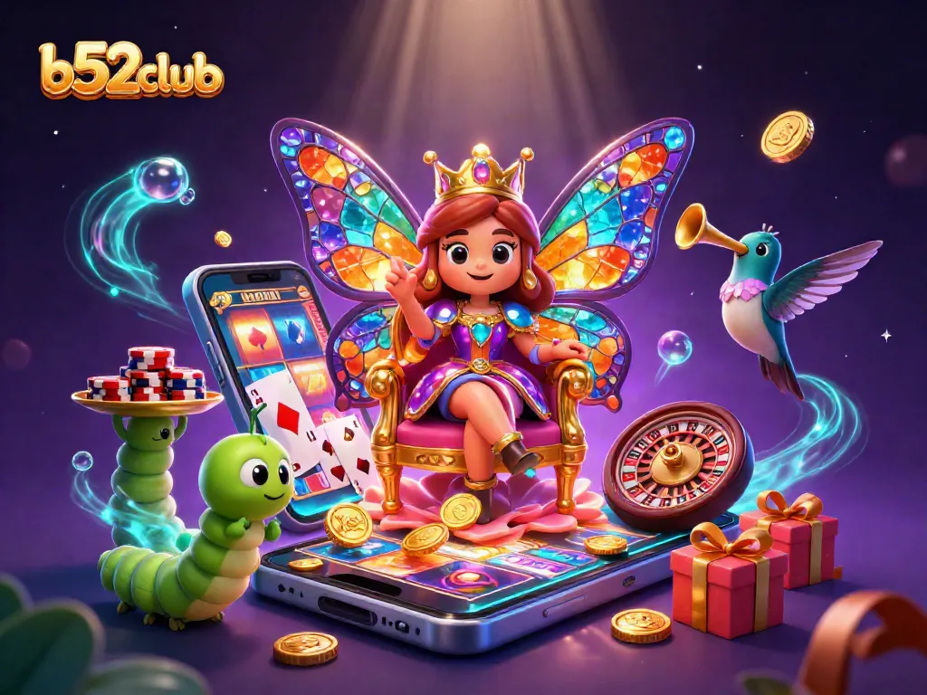 Experience the thrill of gaming at b52club with vibrant 3D casino elements and festive characters.