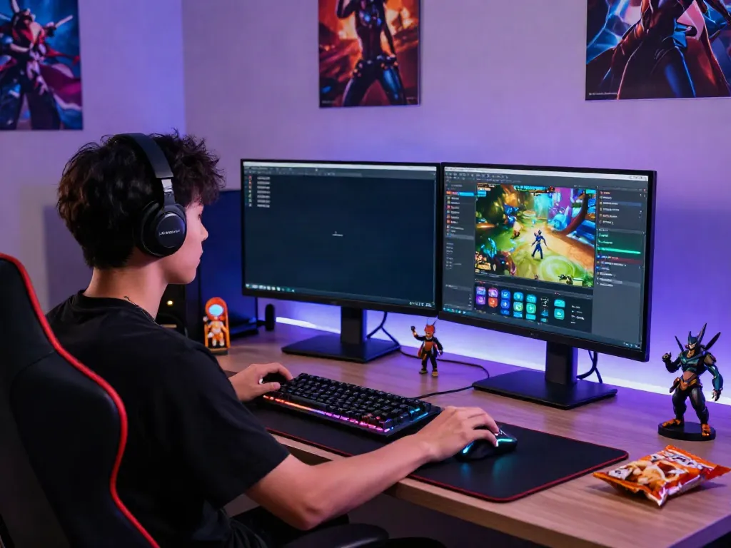 Gamer at a vibrant rokok88 daftar setup, engaged in gaming with dual monitors and dynamic lighting.