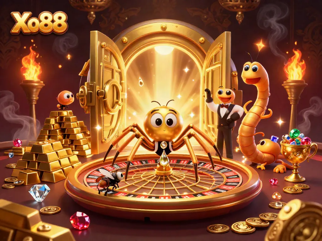 Xo88 showcases a dynamic scene with a golden spider and centipede croupier amidst casino treasures.