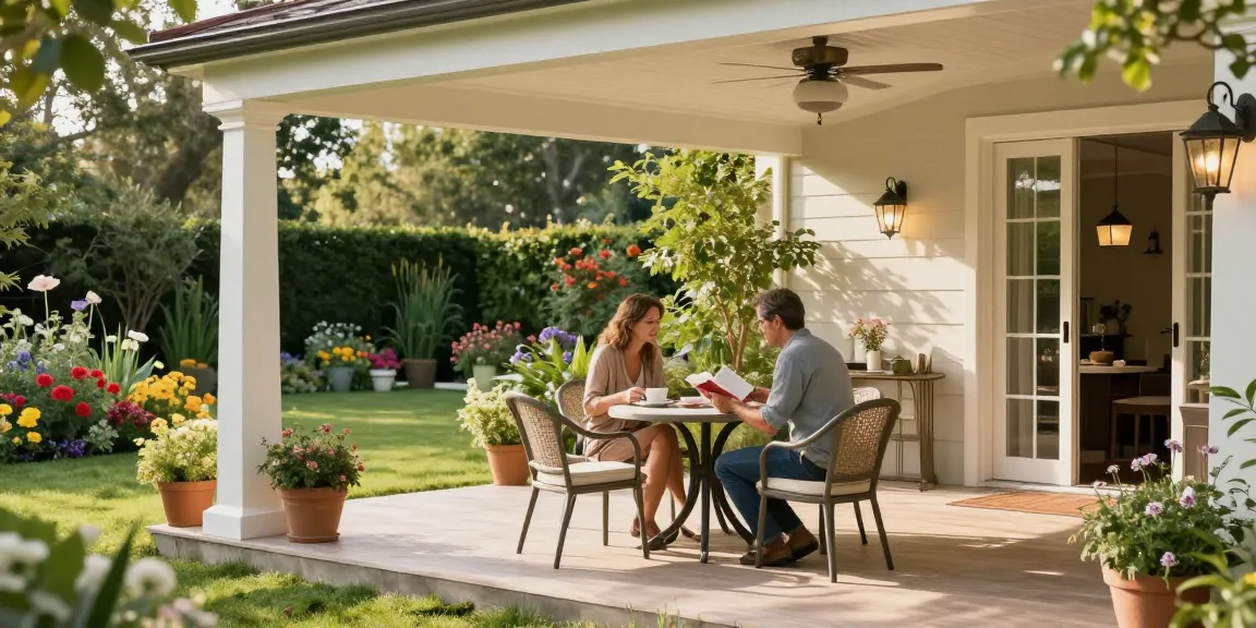 Freistehende Terrassenüberdachung in einem schönen Garten mit einem Paar, das entspannt Kaffee trinkt.