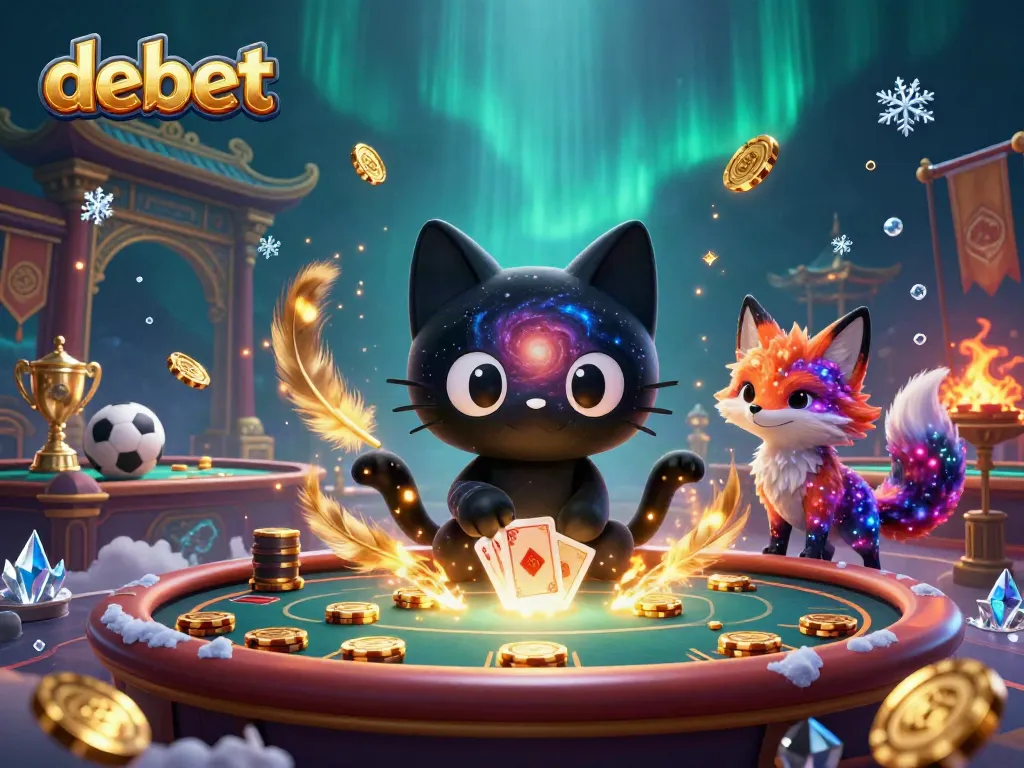 Experience cosmic gaming with debet as the black hole cat gathers golden chips in a vibrant casino.