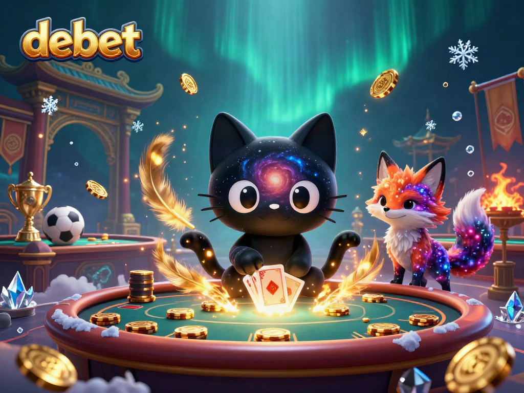 Experience cosmic gaming with debet as the black hole cat gathers golden chips in a vibrant casino.