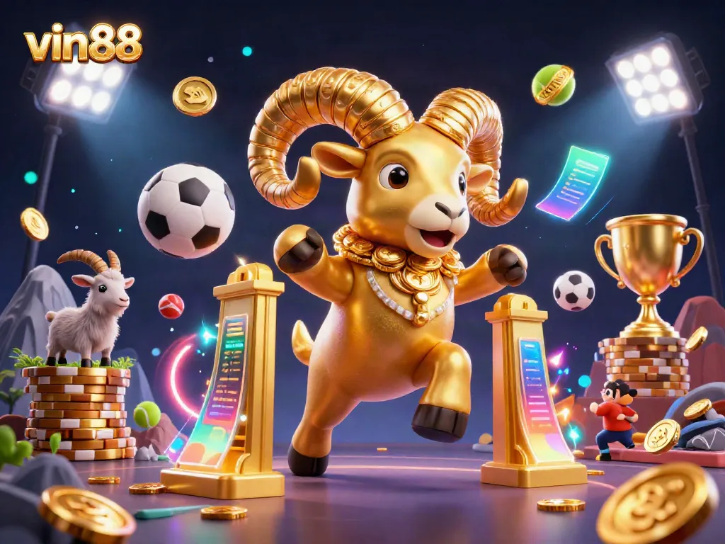 Experience thrilling action at vin88 with a majestic golden ram charging through a spectacular casino scene.