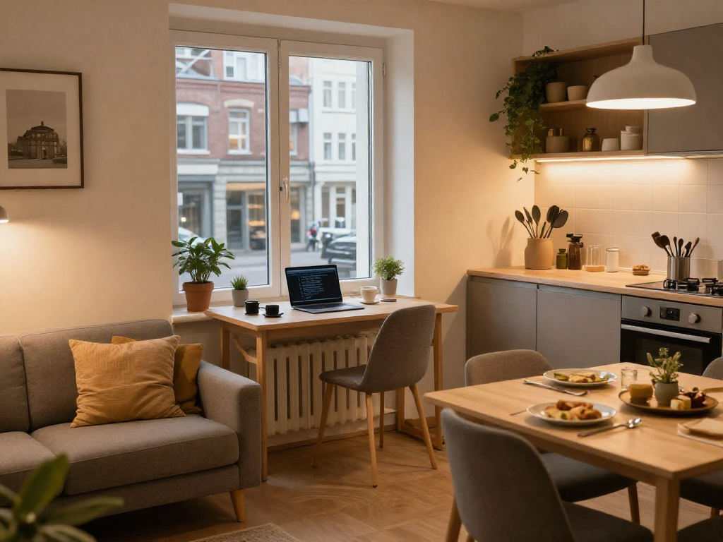 Gemütliches Monteurzimmer Hannover mit stilvollem Wohnbereich und voll ausgestatteter Küche.