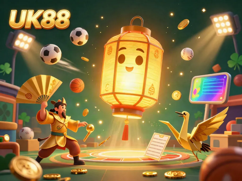 Engage with the vibrant UK88 casino scene featuring sports elements, lantern spirit, and gold accents.