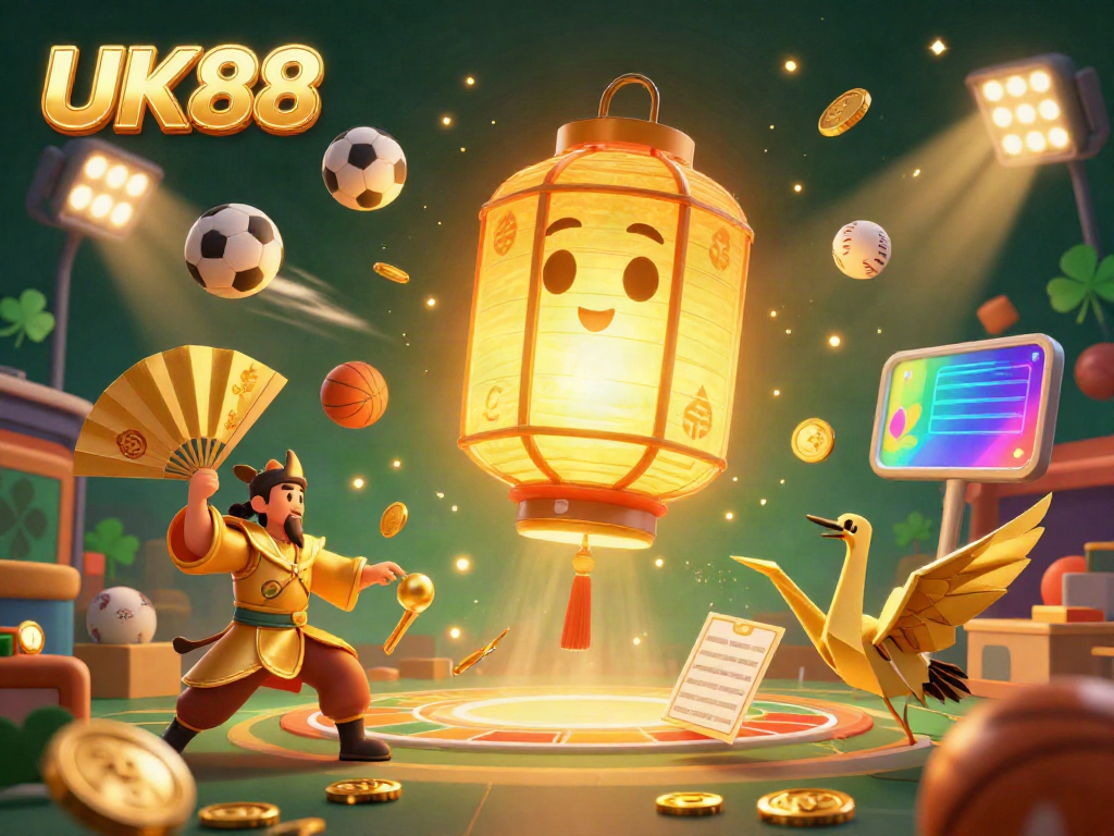 Engage with the vibrant UK88 casino scene featuring sports elements, lantern spirit, and gold accents.