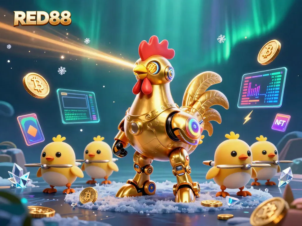 Experience the thrilling world of RED88 with a vibrant 3D illustration of a golden rooster robot and crypto elements.