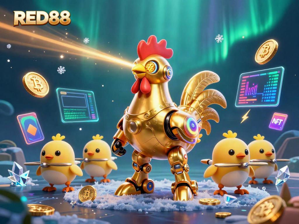 Experience the thrilling world of RED88 with a vibrant 3D illustration of a golden rooster robot and crypto elements.
