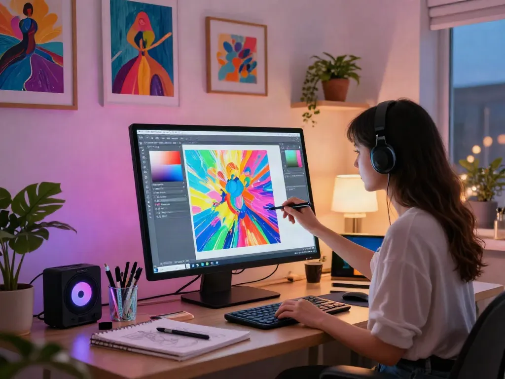 Creative artist engaging with an 18+ ai art generator in a vibrant studio.