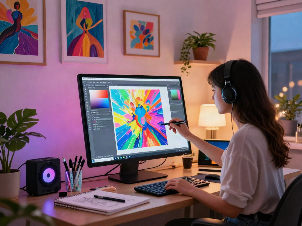 Creative artist engaging with an 18+ ai art generator in a vibrant studio.
